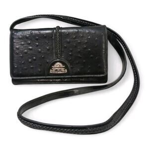 Ostrich Leather Wallet on a Chain Crossbody Purse Clutch Black Silver Removable